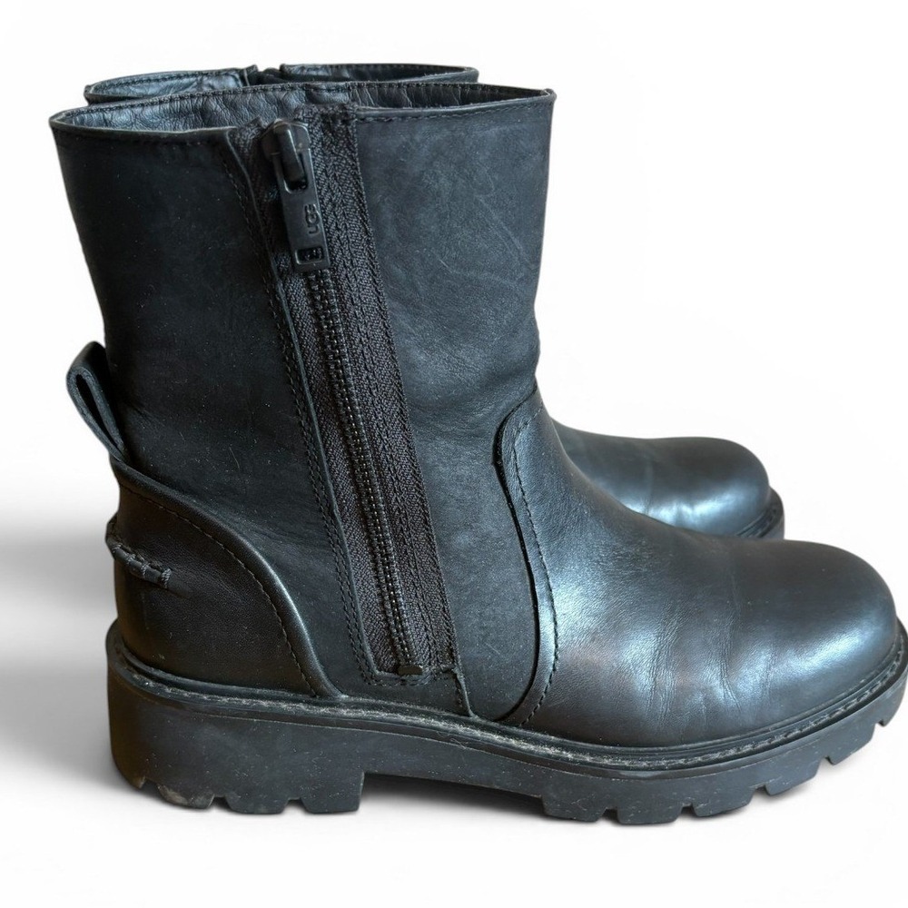UGG Polk Black Leather Ankle Boots Lug Sole Side Zip 1103752 Womens 8